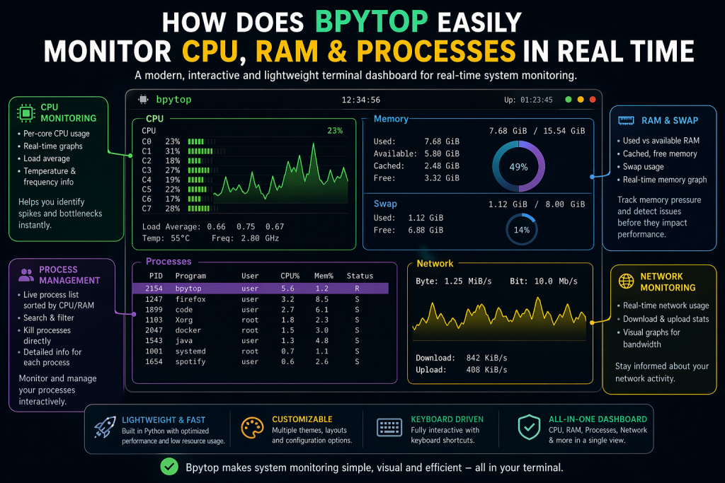 How Does Bpytop Easily Monitor CPU, RAM & Processes in Real Time
