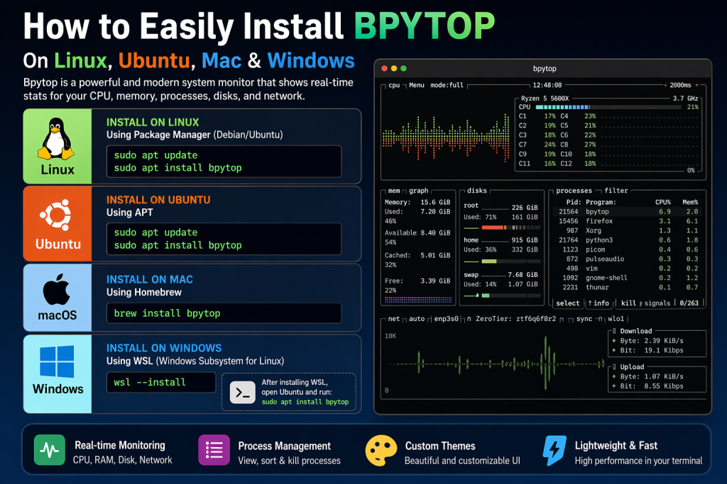 How to Easily Install Bpytop on Linux, Ubuntu, Mac & Windows