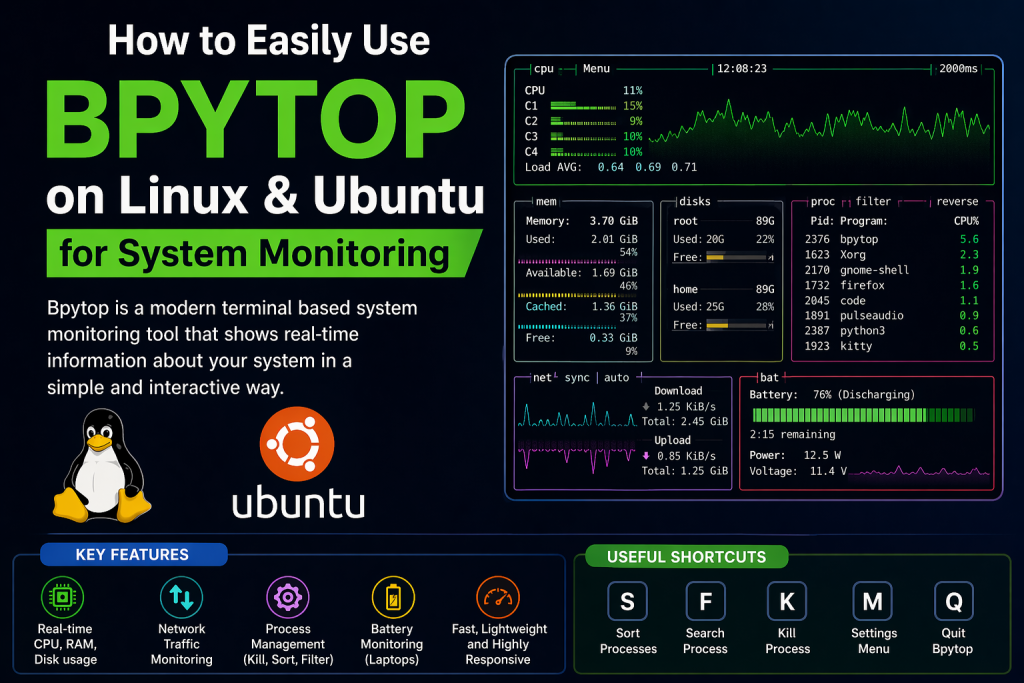 How to Easily Use Bpytop on Linux & Ubuntu for System Monitoring